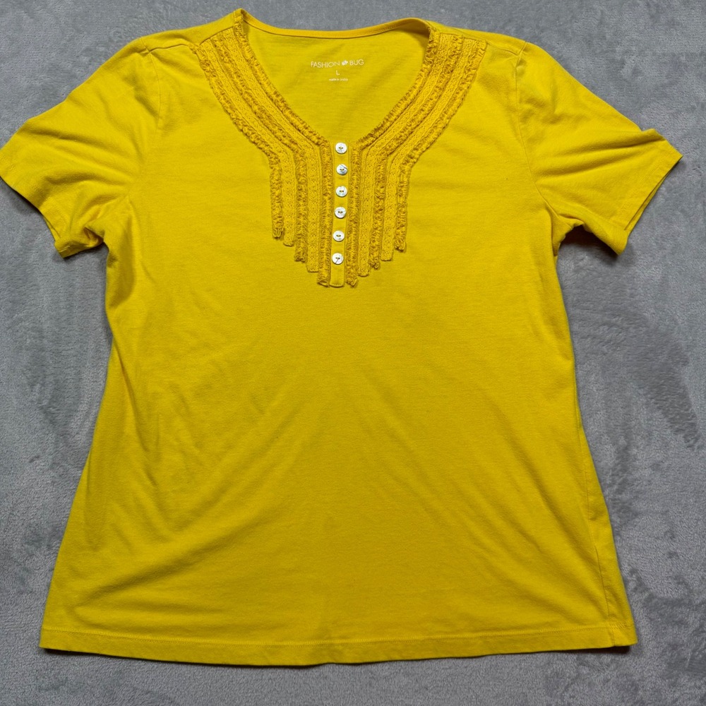 Vintage 2000s Mustard Yellow Cotton Ruffle Henley Top Fashion Bug Size L